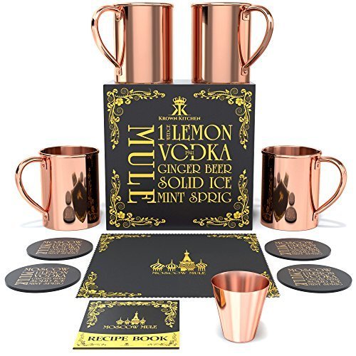 Krown Kitchen - Moscow Mule Copper Mugs Set of 4 | 100% Solid Copper | 16 oz