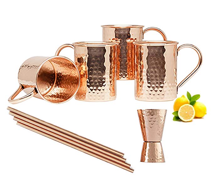 Moscow Mule Copper Mugs - Set of 4-100% PURE COPPER HANDCRAFTED - Food Safe Pure Solid Copper Mugs - 16 oz Gift Set with BONUS: Highest Quality Cocktail Copper Straws and Jigger!