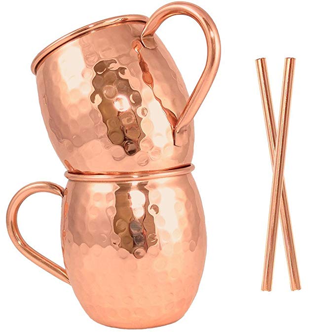 Moscow Mule Copper Mug Set of 2 with Copper Straws by Artisan's Anvil - Handmade Solid 100% Pure Copper Mugs with Hammered Barrel Finish - 16 oz Unlined Drinking Set