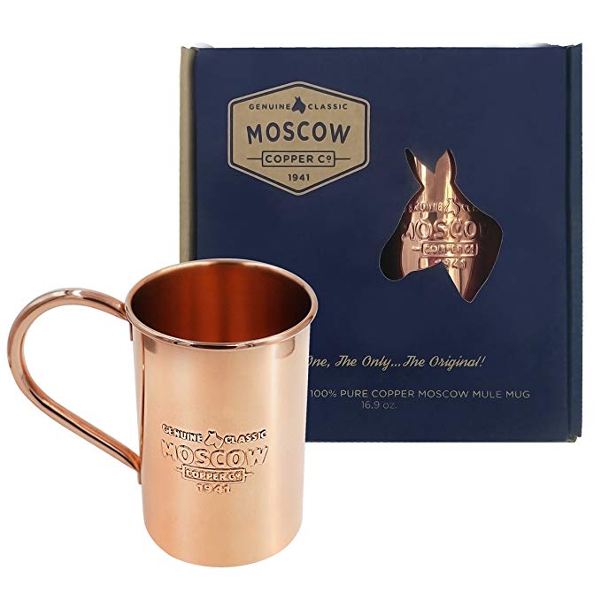 The Original 100% Pure Copper Mug | 16 oz - Classic, Unlined & Non Lacquered | Heavy Gauge Welded Handle | Gift Box w/ Recipe Book & Polishing Cloth by Moscow Copper Company