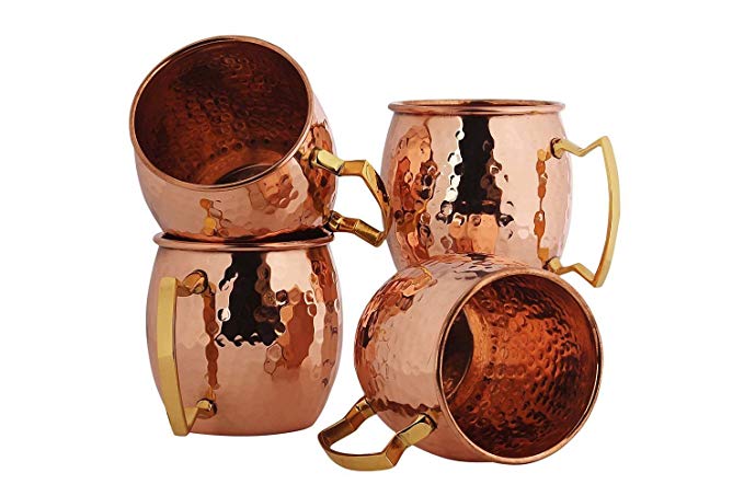 Premium Moscow Mule Copper Mug By Wonder Care. Handmade 16 Oz 100% Pure Copper Mugs with Pointed Handle. Great for Any Chilled Beverage! Brilliant for Entertaining.- Set 0f 4