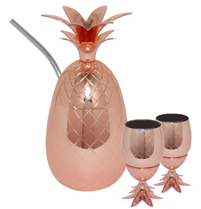 Silver One Stainless Steel 3 Piece- 17oz Pineapple Copper-Finish Cocktail Mug w Straw & 2 Pineapple Shot Cups