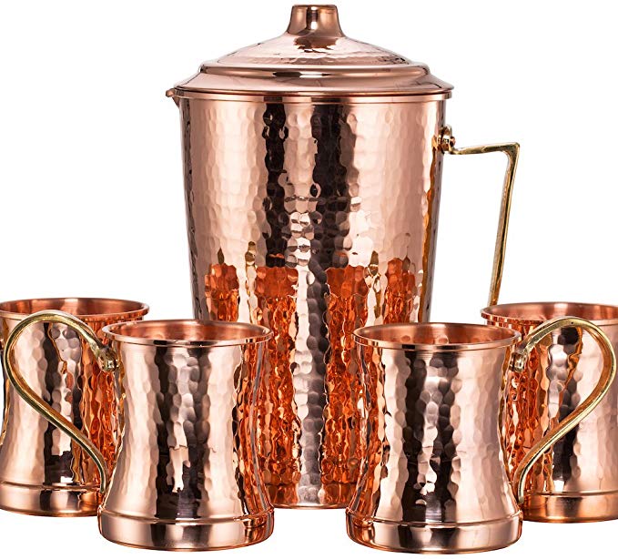 NEW DEMMEX CopperBull Heavy Gauge 100% Pure Solid Hammered Copper Moscow Mule Water Serving Set (Pitcher & 4 Mugs)