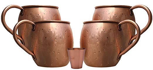 Melange 16 Oz Copper Barrel Mug for Moscow Mules, Set of 4 with One Shot Glass - Heavy Gauge - No Lining - Includes Free Recipe Card