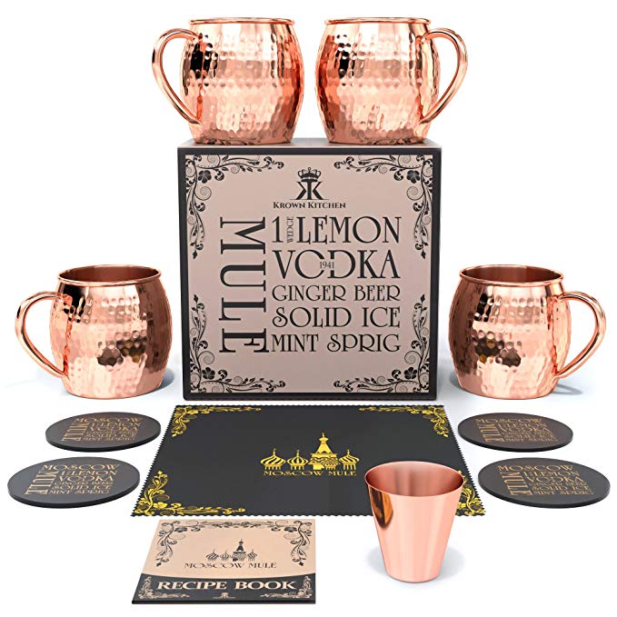 Krown Kitchen - Hammered Moscow Mule Copper Mugs Set of 4 | 16 oz