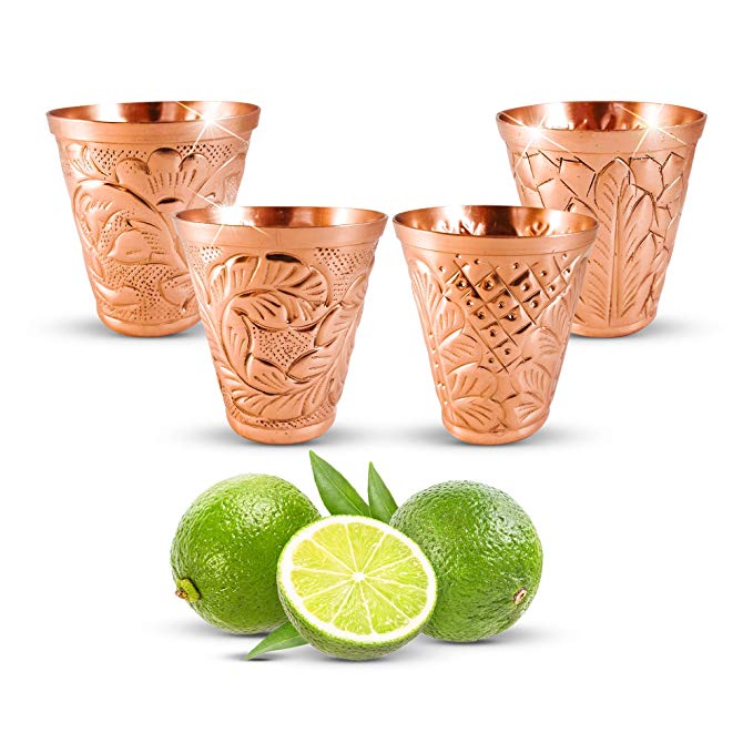 Pure Copper Shot Glass Collection Set of 4 (2 oz) - Custom Embossed Barware for Moscow Mules, Cocktails & Shooters - Kamojo Gift Set of 4