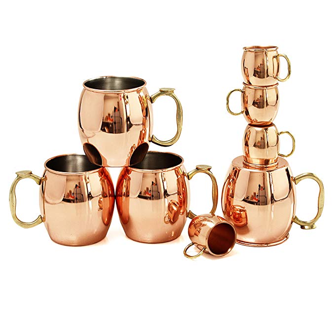 Oggi Moscow Mule 8 Piece Copper-Plated Drinking Mug and Shot Mug Set