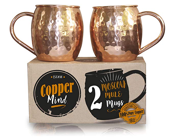 Moscow Mule Copper Mugs - Set of 2 - 16 Oz - 4 inches height - Heavy Weight (compare) - 100% solid copper mugs - Copper cups Hammered Finish - Perfect copper moscow mule set gift