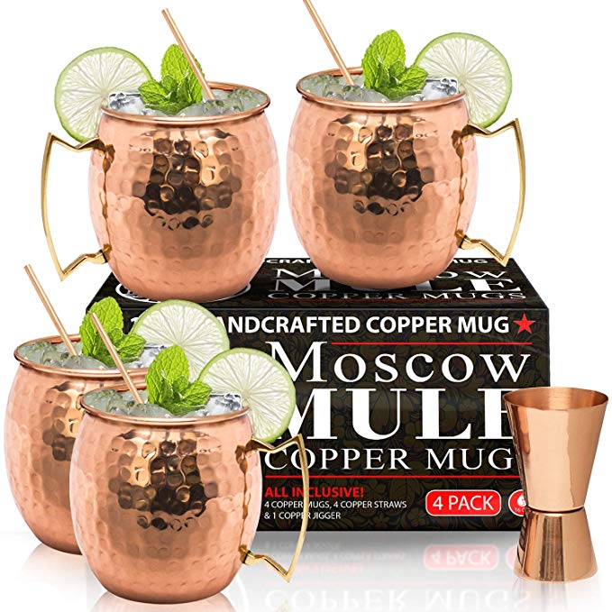 Moscow Mule Copper Mugs - Set of 4-100% HANDCRAFTED - Food Safe Pure Solid Copper Mugs - 16 oz Gift Set with BONUS: Highest Quality Cocktail Copper Straws and Jigger!