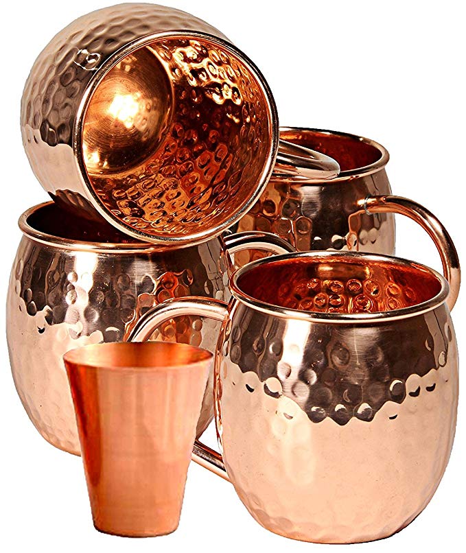 Solid Copper Moscow Mule Copper Mugs Handcrafted 100% Pure Hammered Copper 16 Oz Authentic Cups with Copper Handle Set of 4 Bonus FREE Set of 4 Coasters Free Recipe E-Book & Solid Copper Shot glass!