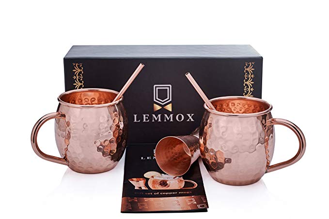 Moscow Mule Copper Mugs - Gift Set of 2 Cups (16 Oz) with Bonus - Pure Сopper - An Excellent Quality of Handcraft with Hammered Finish