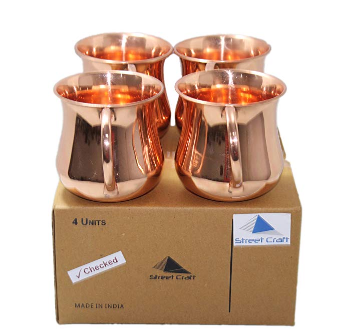 STREET CRAFT Set of 4 Pure and Authentic Copper Old Fashion Smooth Moscow Mule Mug Copper Moscow Mule Mugs Copper Handle