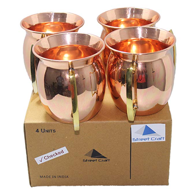 STREET CRAFT Set of 4 Old Fashion Smooth Moscow Mule Mug with Flat Lip Copper Moscow Mule Mugs Cups Brass Handle