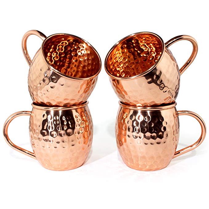 Copper Glamour Moscow Mule Copper Mugs - Set of 4 - Pure Solid Copper Mugs 16 oz Gift Set with Recipe Booklet - Handcrafted Mug - Authentic Hammered Cups Kit - Great for Chilled Beer and Iced Coffee