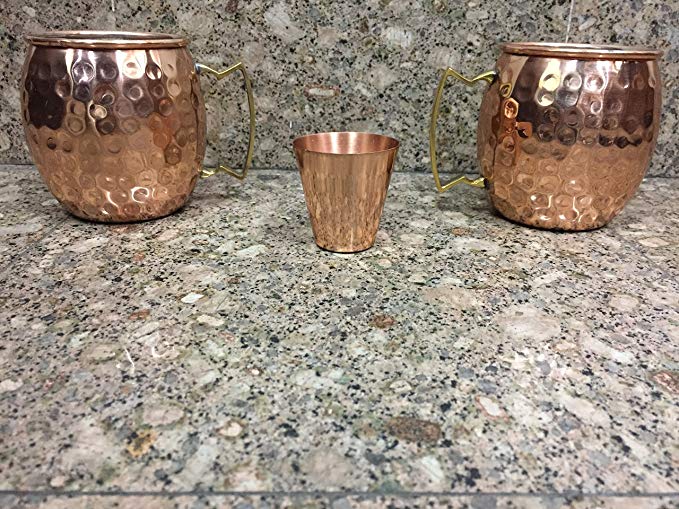 Scash Set of 2 Handcrafted Copper Moscow Mule Mugs Hammered Finish Inside Nickle, 16 Oz. Gift Set Boxed with Shot Glass Product.