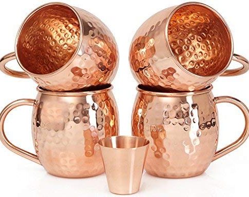 Set of 4 Moscow Mule Copper Mugs with Copper Shot Glass – Four 16 Oz Copper Moscow Mule Mugs – Solid Copper Hammered Mug – Copper Cups for Moscow Mules Review