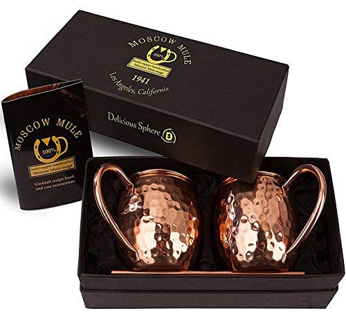 Copper Moscow Mule Mugs Delicious Sphere with 2 Straws Delicious Sphere Solid Handcrafted Copper Hammered Cups Set of 2 - 16ounce