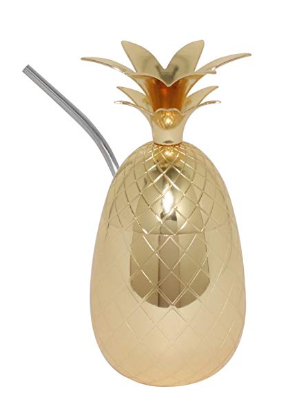 Silver One Stainless Steel Pineapple Tumbler Gold-Finish Cocktail Mug w Straw Moscow Mule, 17 oz.