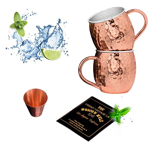 Set of 2 Moscow Mule Copper Mugs with Stainless-Steel Lining | Set of 2 Moscow Mule Mugs with Copper Shot Glass | Set of 2 Mule Mugs Lined with Stainless-Steel, Mint Julep Mugs for Home Bar