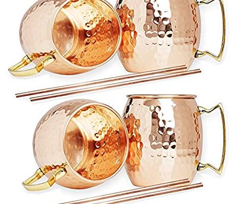 Hammered Copper Moscow Mule Mug Handmade of 100% Pure Copper, Brass Handle Set of 4 Review