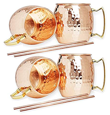 Hammered Copper Moscow Mule Mug Handmade of 100% Pure Copper, Brass Handle Set of 4