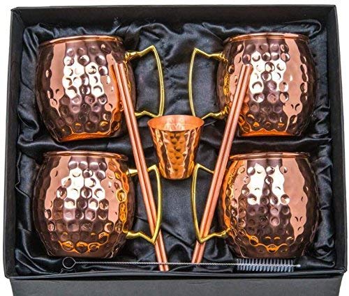 Old Moscow Mule Copper Mugs - 16oz Solid Copper Hammered Cups - Gift Set Bundle of 4