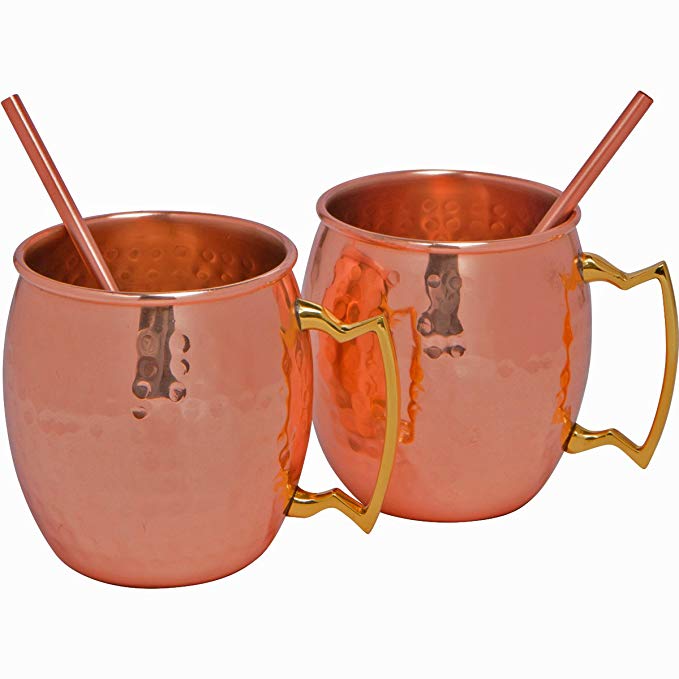 Artisan Moscow Mule Gift Set - Set of 2 Hammered Copper Mule Mugs with Copper Straws - Two Handmade Solid Copper Mugs with two Copper Straws