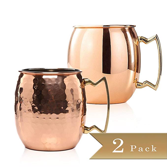 Set of Two Moscow Mule Mugs - One Solid Copper and One Hammered Style - 16 Ounce