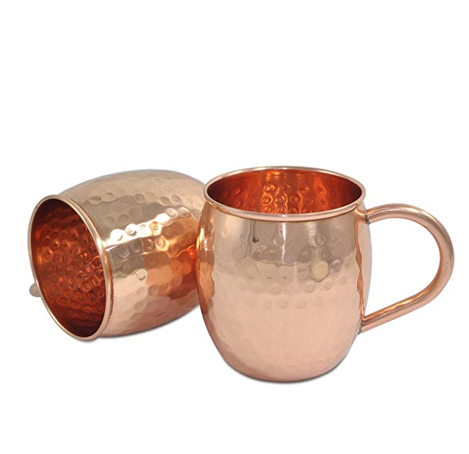 Dungri India Solid Copper Barrel Mug for Moscow Mules - 18 oz / 550 ML - 100% Pure Hammered Copper Vodka Mug - Heavy Gauge - No lining , Set of 2