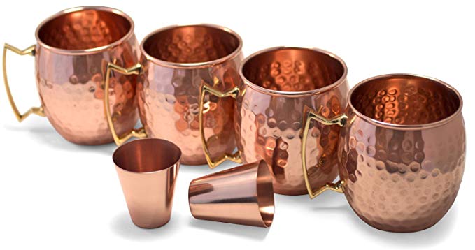 Dungri India Craft ®Handmade Moscow Mule 100% Copper Mugs Set of Four 18 oz Hammered Cups With Two Bonus 2 oz Copper Shot Glasses