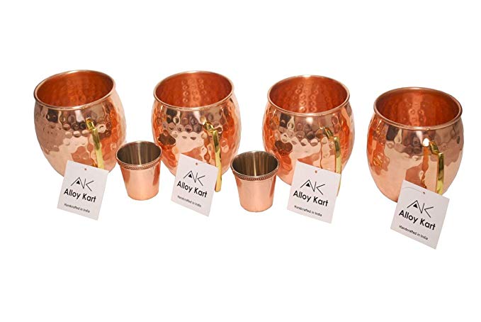 Alloy Kart 16 oz Moscow Mule Copper Mugs with 2-Piece Shot Glass, Set of 4