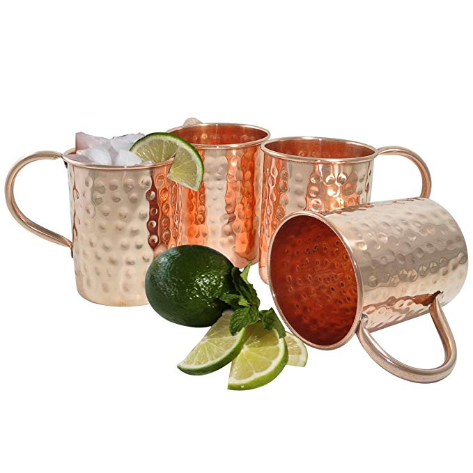 AsiaCraft Copper Moscow Mule Mug Hammered Lacquered Finish, Set of 4