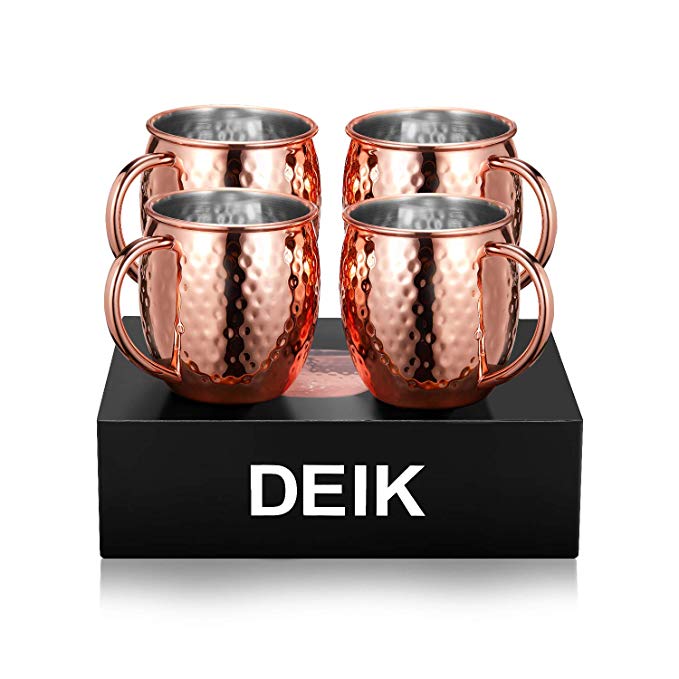 Deik Moscow Mule Mugs, 100% Handcrafted Copper Mule Cup Set of 4, Food-safe Copper Mugs 16 Ounce with Brass Handle and Stainless-Steel Lining, for Chilled Drinks