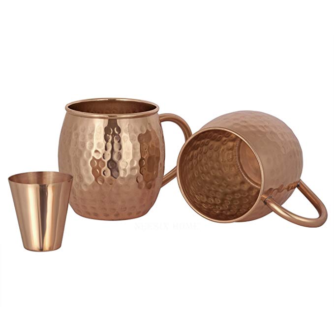 Moscow Mule Copper Mugs, set of 2 Pure Copper Mugs - Copper Moscow Mule Mug, 16 Oz Copper Cups with 2 Free Shot Glasses