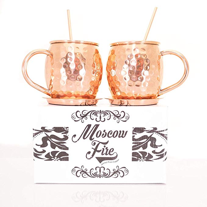 -Moscow Mule Copper Mug- Set Of 2 16 oz. Solid Copper Mugs-Free Pure Copper Coasters And Straws Included