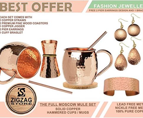 [ ZIGZAG STORE] Moscow Mule Copper Mugs, Set of 2 Mugs, with Free 1 Jigger, 2 Copper Straw and 2 wood coaster – 100 % Pure Solid Copper Mugs – Large 16 Ounce Mugs / Cups + INCLUDE FASHION JEWELLERY Review