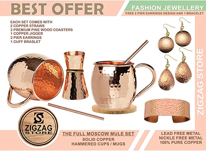 [ ZIGZAG STORE] Moscow Mule Copper Mugs, Set of 2 Mugs, with Free 1 Jigger, 2 Copper Straw and 2 wood coaster - 100 % Pure Solid Copper Mugs - Large 16 Ounce Mugs / Cups + INCLUDE FASHION JEWELLERY