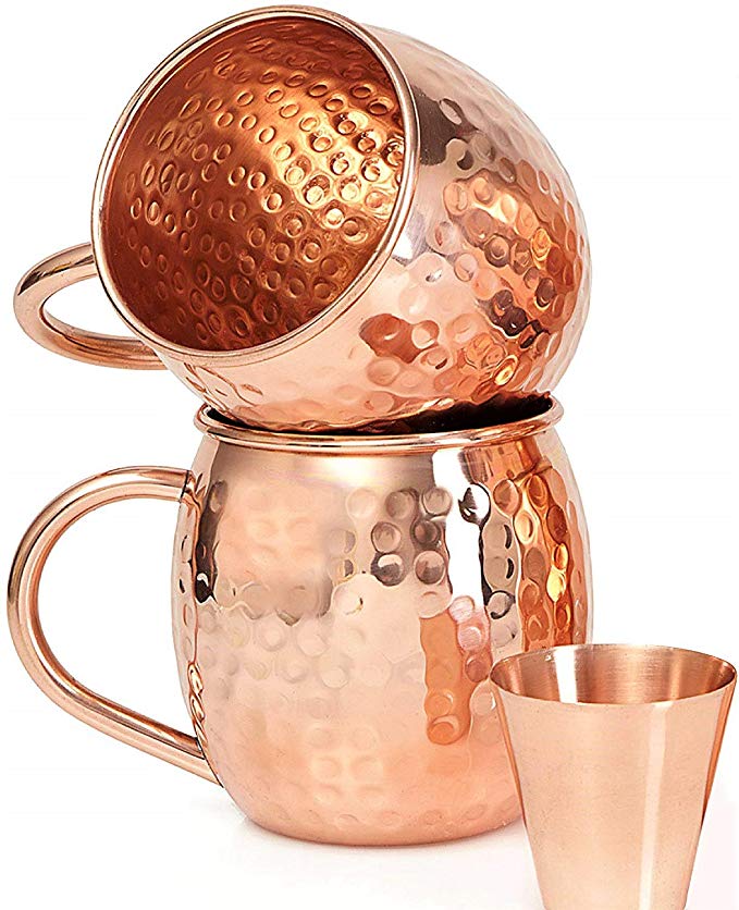 Scash Set of 2 Handcrafted Copper Moscow Mule Mugs Hammered Finish, 16 Oz. Gift Set Boxed with Shot Glass Product.