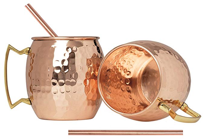 Moscow Mule Copper Mugs 100% Solid Pure Copper Mug/Cup (16-Ounce/Set of 2, Hammered) + 2 COPPER STRAW FREE GIFT