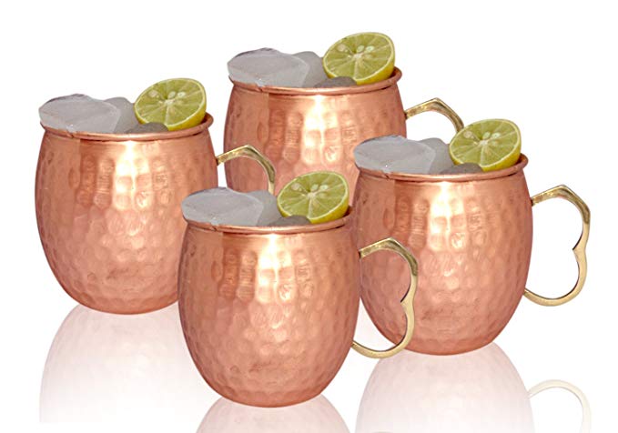 Moscow Mule 100 % Solid Pure Copper Unlined Mug /Cup (16-Ounce/Set of 4, Hammered, Premium Brass Handle)