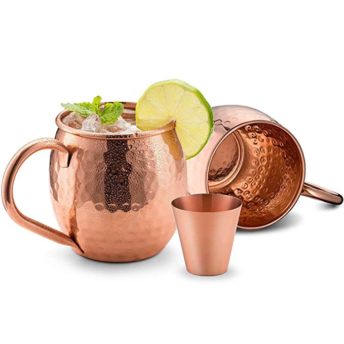 Divlor Moscow Mule Copper Mugs - Hammered Finish with Solid Copper Handle, Set of 2 with One Shot Glass, 16-Ounce