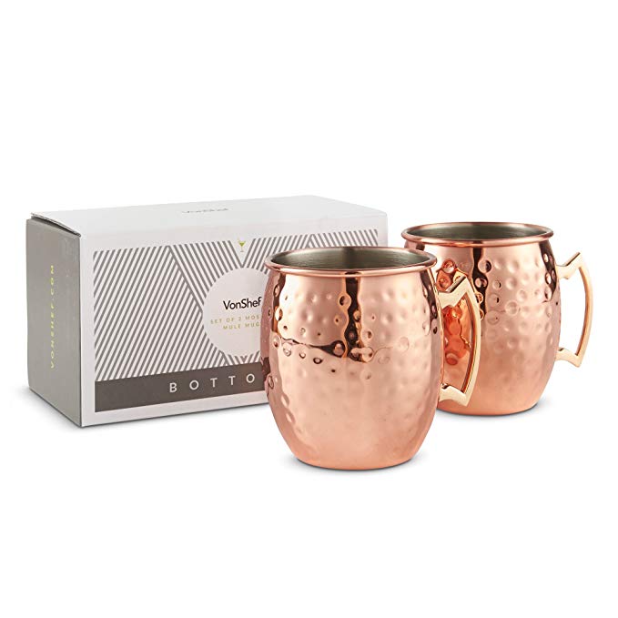 VonShef Moscow Mule Mugs Set, Copper Finish, Hammered Effect Moscow Mule Cups, Barrel Style Mug, Set of 2