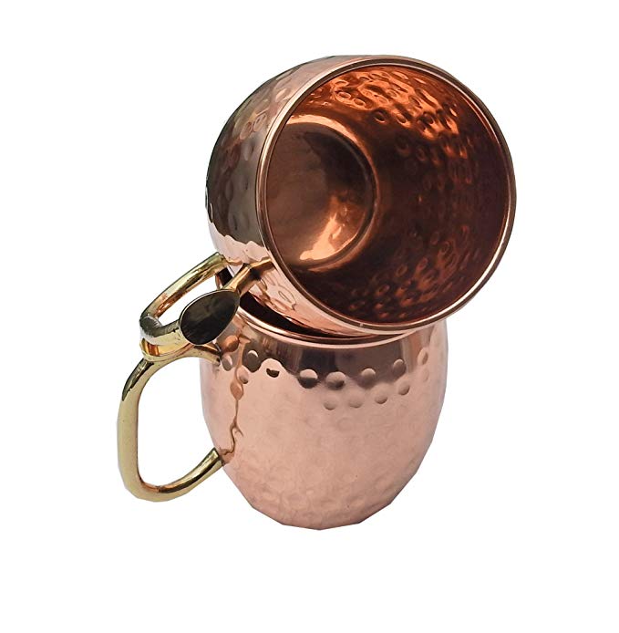 Wonder Care-Premium Moscow Mule Copper Mug Handmade 16 Oz 100% Pure Copper Mugs with Pointed Handle. Great for Any Chilled Beverage! Brilliant for Entertaining. (Pack of 2, Thumb Handle)