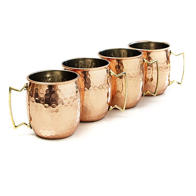 Siggió Hammered Mugs - Nickel Lined - Solid Copper Moscow Mule - Set of 4 Mugs - 16 Oz Capacity - 100% Pure Copper Barware - Novelty Copper Drinkware Cups for Mules, Beer, Camping, Water - Authentic Moscow Mule Mugs with Nickel Lining or Lacquer Finish and Lifetime Guarantee