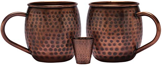 Melange 16 Oz Antique Finish Copper Barrel Mug for Moscow Mules, Set of 2 with One Shot Glass - 100% Pure Hammered Copper - Heavy Gauge - No lining - includes FREE Recipe card