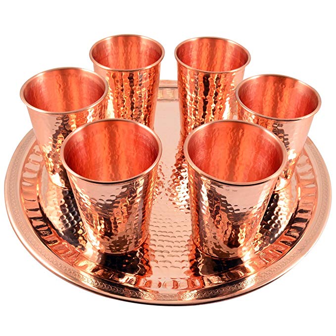 6 X CopperBull Thickest Heaviest Hammered 1 mm Copper Tumbler Cup Mug Set with TRAY for Water Moscow Mule Ayurvedic Healing,14 Oz (Copper)