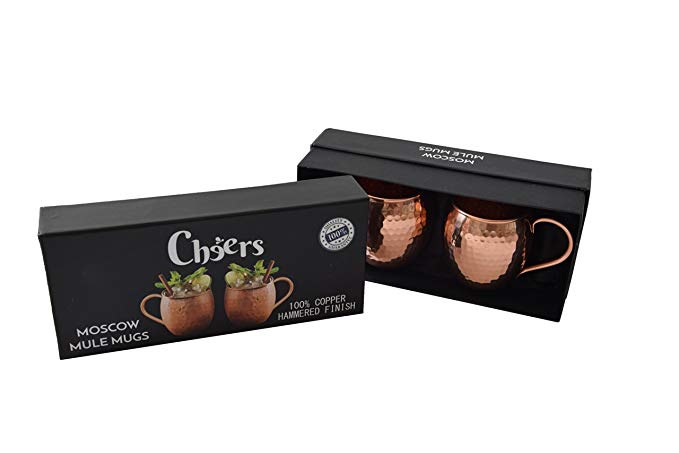 Moscow Mule Mugs - Cheers - 100% Copper - Authentic Handcrafted - Made In India - Hammered Finish - Sets Of 2-16oz - Food Safe - Gift Includes Our Special Recipe Book - For A Perfect Cocktail