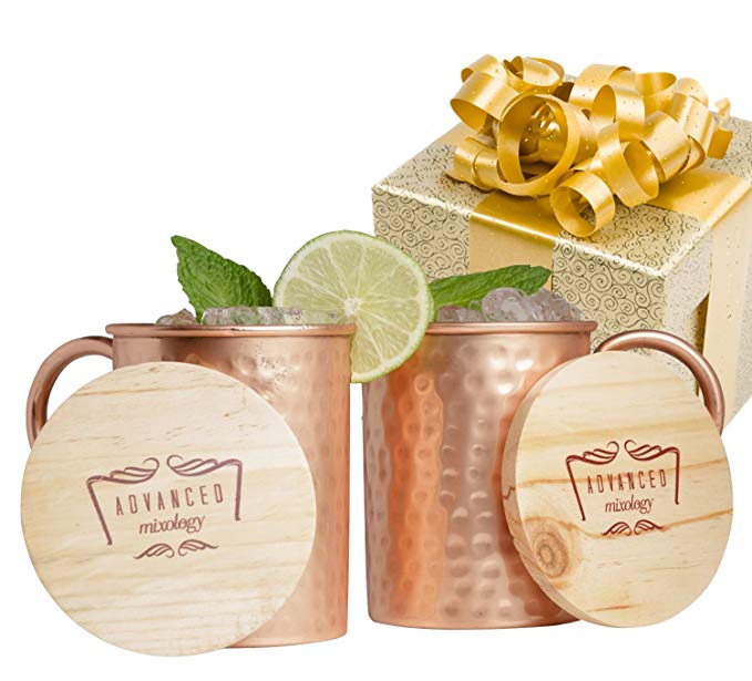 Advanced Mixology Moscow Mule Gift Set 100% Pure Copper Mugs (Set of 2)- 16 Ounce with 2 Artisan Hand Crafted Wooden Coasters