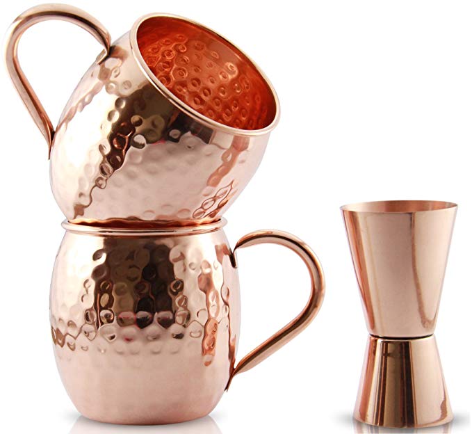 Copper moscow mule mug (set of 2) with a bonus copper double bar jigger, to enhance your drinking experience. Great copper cups (16 ounce)