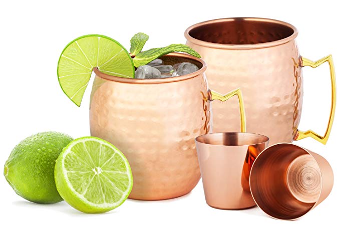 Chef's Star Set of 2 Handmade Hammered Copper Moscow Mule Mug and 2 Copper Shot Glasses - 100% Pure Copper with Brass Handle - Hammered Moscow Mule Mug Cup